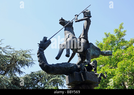 Skulptur des Heiligen Georg mit dem Drachen, Drachentöter, Schutzpatron der Stadt, Altstadt, Hattingen, Nordrhein-Westfalen, Deutschland Stockfoto