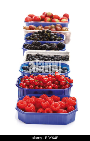 Beeren in Kunststoffboxen, Himbeeren, Johannisbeeren, Heidelbeeren, Brombeeren, Stachelbeeren, Erdbeeren Stockfoto