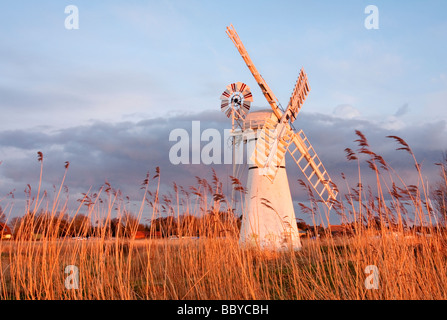 Thurne Windmühle beleuchtet durch das warme Licht der untergehenden Sonne über den Norfolk Broads National Park Stockfoto