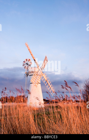 Thurne Windmühle beleuchtet durch das warme Licht der untergehenden Sonne über den Norfolk Broads National Park Stockfoto