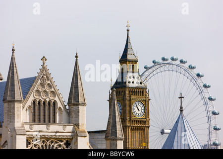 London England UK Big Ben Millennium Wheel Ferris Westminster Abbey Dach Top Skyline Stockfoto