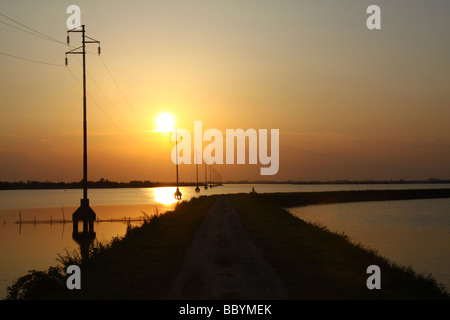 Sonnenuntergang und Silhouette macht Kabel Pylonen, Versorgung Insel Albarella, Italien Stockfoto