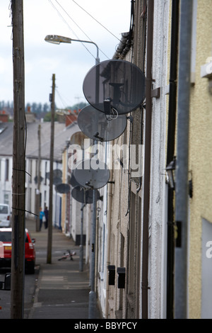 Reihen von tv Satellitenschüsseln auf 2 zwei unten Sozialwohnungen Reihenhaus in Ballymena County Antrim-Nordirland Vereinigtes Königreich Stockfoto