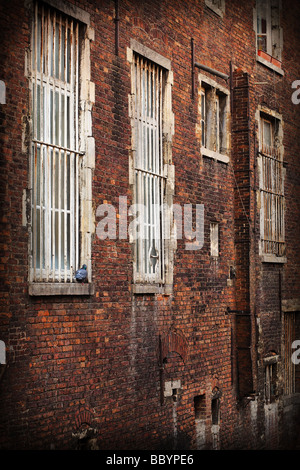 getragen aus rotem Backstein Wand Hintergrund geknackt Stockfoto, Bild