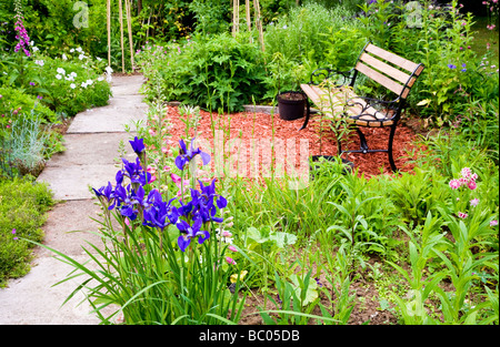 Hölzerne Garten-Sitzplatz oder Bank gesetzt Amoungst Betten und Grenzen von Stauden in einem englischen Landhaus-Garten Stockfoto