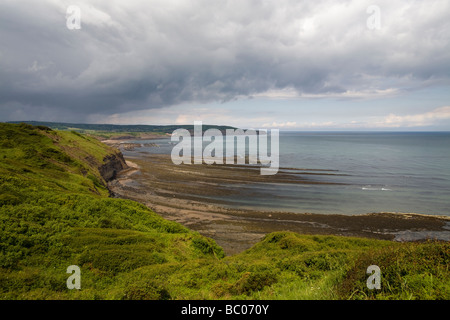 Draufsicht der Klippe mit Blick auf Robin Hoods Bay von Peak Alaun Werke Ravenscar North Yorkshire England Gewitterhimmel Stockfoto