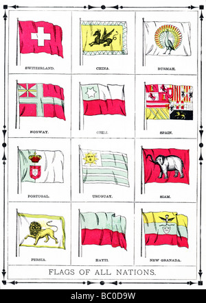 In dieser Abbildung gezeigten Flaggen wurden aktuelle 1896. Dazu gehören Kolonhydrotherapie, China, Burma, Norwegen, Chile und Spanien. Stockfoto