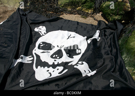Totenkopf Piratenflagge am Strand mit Algen und Felsen, Devon, UK Stockfoto