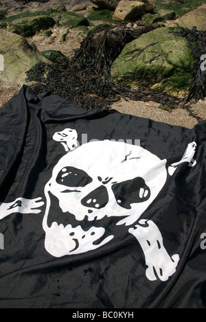 Totenkopf Piratenflagge am Strand mit Algen und Felsen, Devon, UK Stockfoto