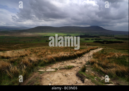 Ingleborough gesehen von der Abfahrt der Whernside auf den Yorkshire drei Zinnen Spaziergang, England, UK Stockfoto