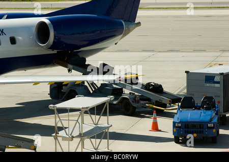 Flugzeug auf Asphalt mit Gepäck geladen wird Stockfoto