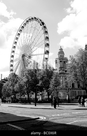 Riesenrad und Bäumen an der Vorderseite der Belfast City Hall, Nordirland, Vereinigtes Königreich Stockfoto