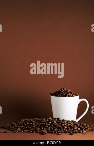 weiße Tasse umgeben von Kaffeebohnen auf Kaffee farbigen Hintergrund mit allerlei Textfreiraum Stockfoto