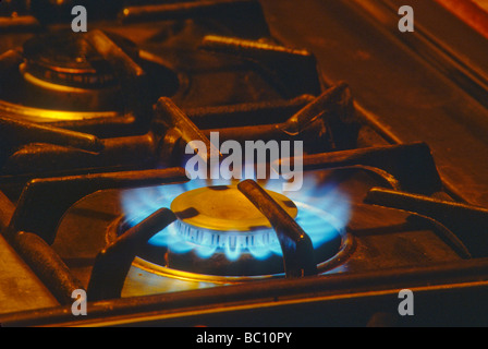 blaue Gas Flamme Feuer Hitze kochen Herdplatte heiß Stockfoto