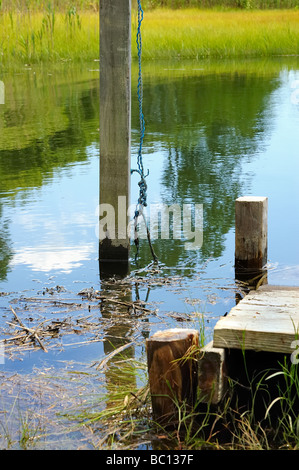 Eine alte hölzerne dock Pier in einem Salz-Sumpf in Connecticut mit Cumulus-Wolken spiegeln sich in dem blauen Wasser Stockfoto