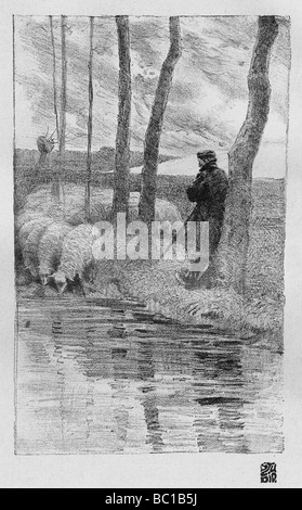 Ein Schäfer mit seiner Herde durch einen Fluss, 1899 Künstler: Robert Hermann Sterl Stockfoto