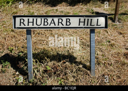 eine lustige Straßennamen ein Straßenschild "Rhabarber Hill" in Cornwall, Großbritannien Stockfoto