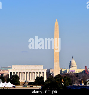 Schöner Blick auf den Sonnenuntergang von Washington DC Skyline zeigen, Lincoln Memorial, Washington Monument und United States Capitol Building Stockfoto