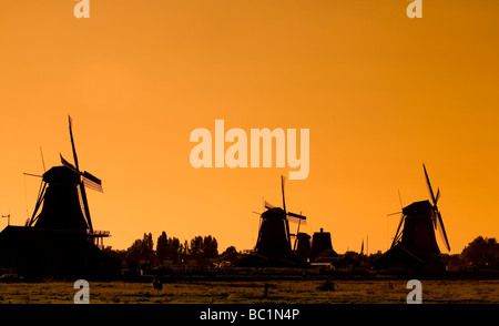Windmühlen Siluets bei Sonnenuntergang. Zaanse Schans, Holland, Niederlande, Europa Stockfoto
