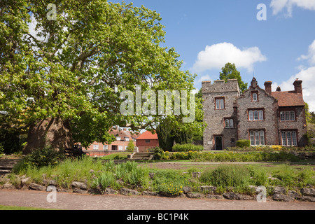 Canterbury Kent England UK. Wohnturm und Oriental Flugzeug Platanus Orientalen Baum im Westgate Gärten Stockfoto