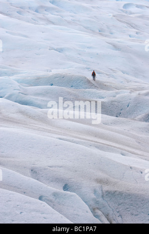 Ein einsamer Wanderer auf dem Perito Moreno Gletscher, im Los Glaciares Nationalpark, Patagonien, Argentinien. Stockfoto