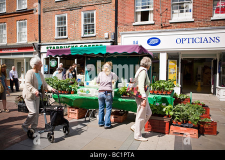 Leute, die auf dem Farmers Market in der North Street, Chichester, West Sussex einkaufen. GROSSBRITANNIEN Stockfoto