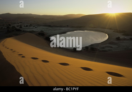 Fußabdrücke im Vorfeld einer Sanddüne über Sossusvlei im Namib-Naukluft National Park, Swakopmund, Namibia Stockfoto