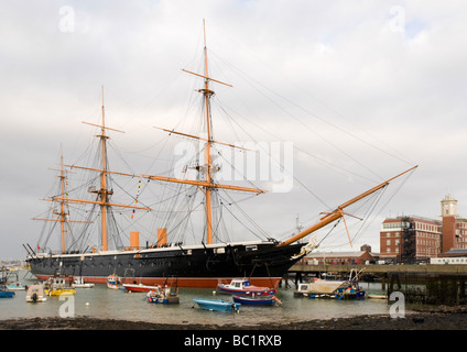 HMS Warrior (1861), der Royal Navy erste Eisen-geschält, Arnour vernickelt Kriegsschiff, Portsmouth Historic Dockyard, Portsmouth, UK. Stockfoto