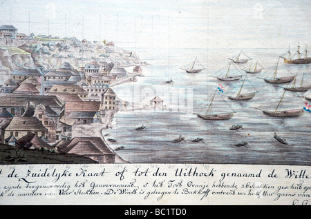 Historische Zeichnungen des Hafens von kolonialen Sint Eustatius Stockfoto