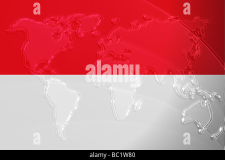 Flagge von Indonesien national Land Symbol Abbildung mit Welt Karte geprägte Metalliclook Stockfoto