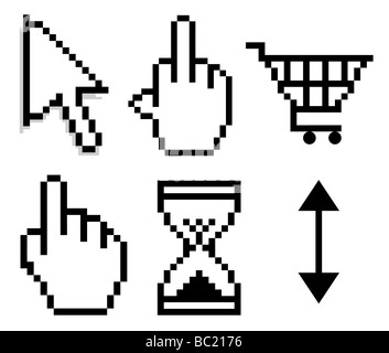 Satz von Schwarz Computer-Cursor und Icons isoliert auf weißem Hintergrund mit Beschneidungspfad Stockfoto