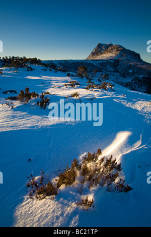 Australien Tasmanien Cradle Mt Lake St. Clair National Park Schnee bedeckt Buschlandschaft und auswarfen Spalten des Cradle Mountain Stockfoto