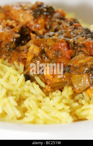 Frische im indischen Stil spicy Chicken und Spinat Curry mit gelber Reis Pilaw Isoliert gegen einen weißen Hintergrund mit keine Menschen und einen Freistellungspfad Stockfoto