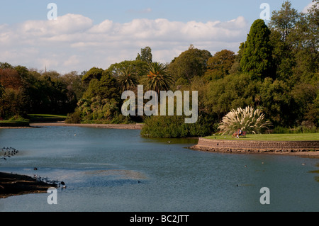 Leute sitzen auf einer Bank mit Blick auf einen See im Royal Botanic Gardens, Melbourne, Victoria, Australien Stockfoto