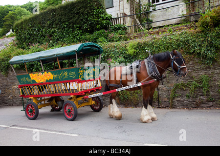 Dekoriertes Dorf Bauernwagen & schwere Pferdebus-Dienste; Dorf touristischen öffentlichen Verkehrsmitteln in Polperro, Cornwall, Südostengland, Großbritannien Stockfoto