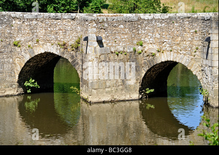 alte historische Steinbrücke über den Fluss Thouet in Frankreich Stockfoto