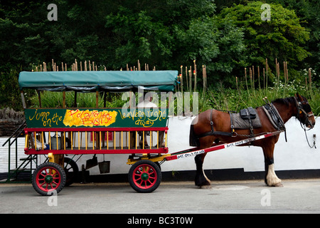 Dekoriertes Dorf Bauernwagen & schwere Pferdebus-Dienste; Dorf touristischen öffentlichen Verkehrsmitteln in Polperro, Cornwall, Südostengland, Großbritannien Stockfoto