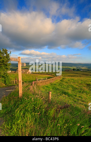 Pennine Way in Richtung Stoodley Hecht auf Langfield Gemeinsamer in der Nähe von Todmorden, West Yorkshire, England, UK. Stockfoto