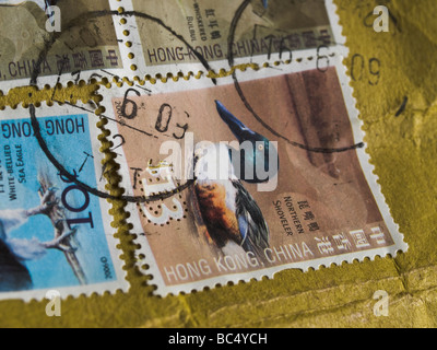 Briefmarken in einem Umschlag aus Hong Kong. Stockfoto