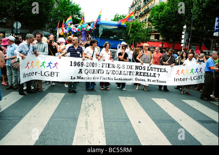 Paris Frankreich, Öffentliche Veranstaltungen Menschen feiern bei der Gay Pride Parade 'French Sign' '1969 - 2009 Proud of our Struggles', lgbt march Banner, Stockfoto