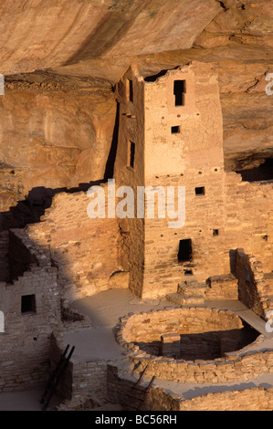 Quadratischer Turm der CLIFF PALACE die umfangreichste ANASAZI-Ruine von MESA VERDE NATIONAL PARK 1200 AD COLORADO Stockfoto