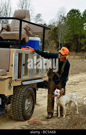 Dog Trainer George Hickox mit Englisch Setter bei Jagd-Rig in Piney Woods von Georgien Stockfoto