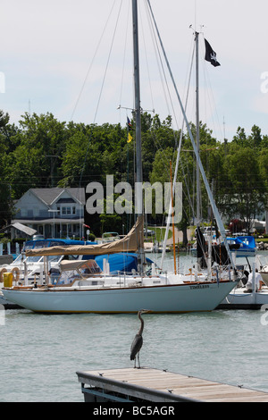 Lake Erie Island liegt in Bay in Ohio USA mit Bootsliegeplatz und einer Flagge Great Lakes Daily Life Lifestyle Low angle Close up vertikale Hi-res Stockfoto