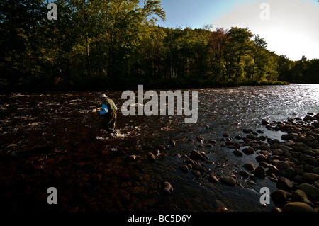 66 jährige pensionierte Mann Angeln im nördlichen NH am Androscoggin River. Stockfoto