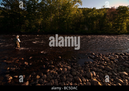 66 jährige pensionierte Mann Angeln im nördlichen NH am Androscoggin River. Stockfoto