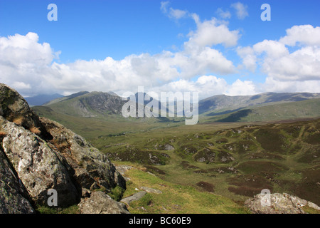 Die Berge von Snowdonia um das Ogwen-Tal, zeigen (L-R) Gallt yr Ogof, Tryfan, Pen yr Ole Wen & Carnedd Dafydd Stockfoto