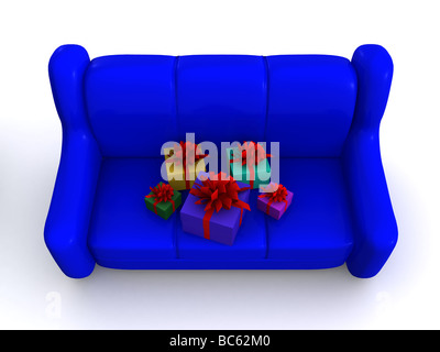 Geschenke auf Sofa. 3D Stockfoto