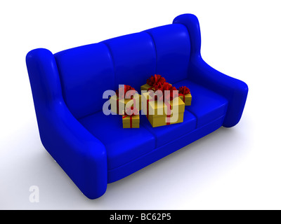 Geschenke auf Sofa. 3D Stockfoto