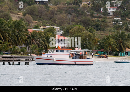 Palmen, Strand, Boote und Häuser, Petit Martininique, Caribbean. Stockfoto