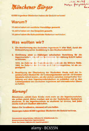 Geographie/Reisen, Deutschland, Politik, Studentenbewegung 1960er Jahre, Flyer, Aufruf zur Reform des Ingenieurstudiums, herausgegeben vom Bund der Studenten Bayerns, Europen Ingenieurschulen, München, 10.6.1968, Stockfoto